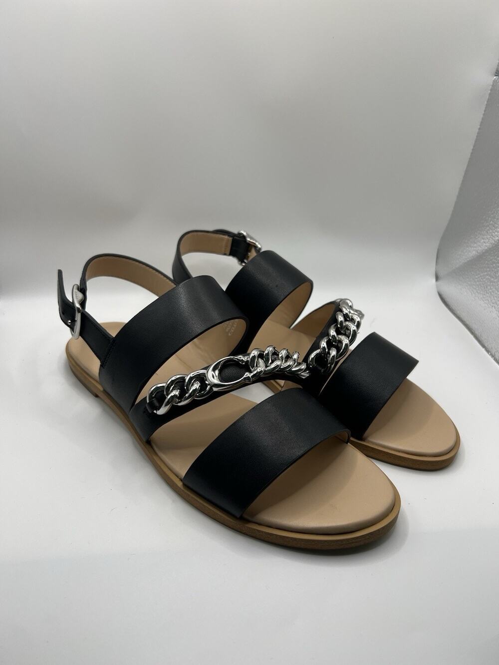 Coach Black Leather Heather LTR Chain Sandals 7.5B Strappy Silver Hardware